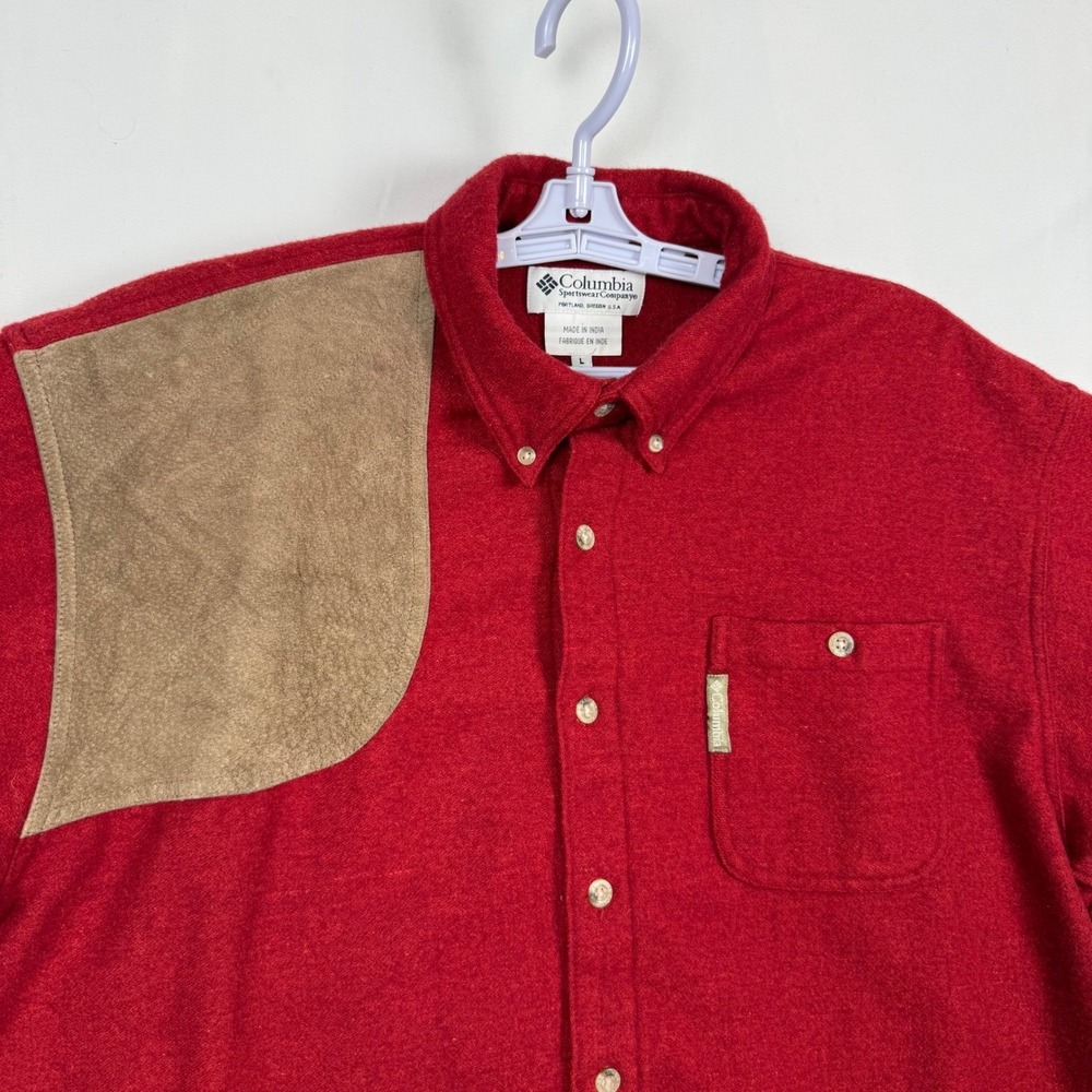 Columbia Mens Large Red Wool Blend Suede Patch Shooting Hunting Shirt
